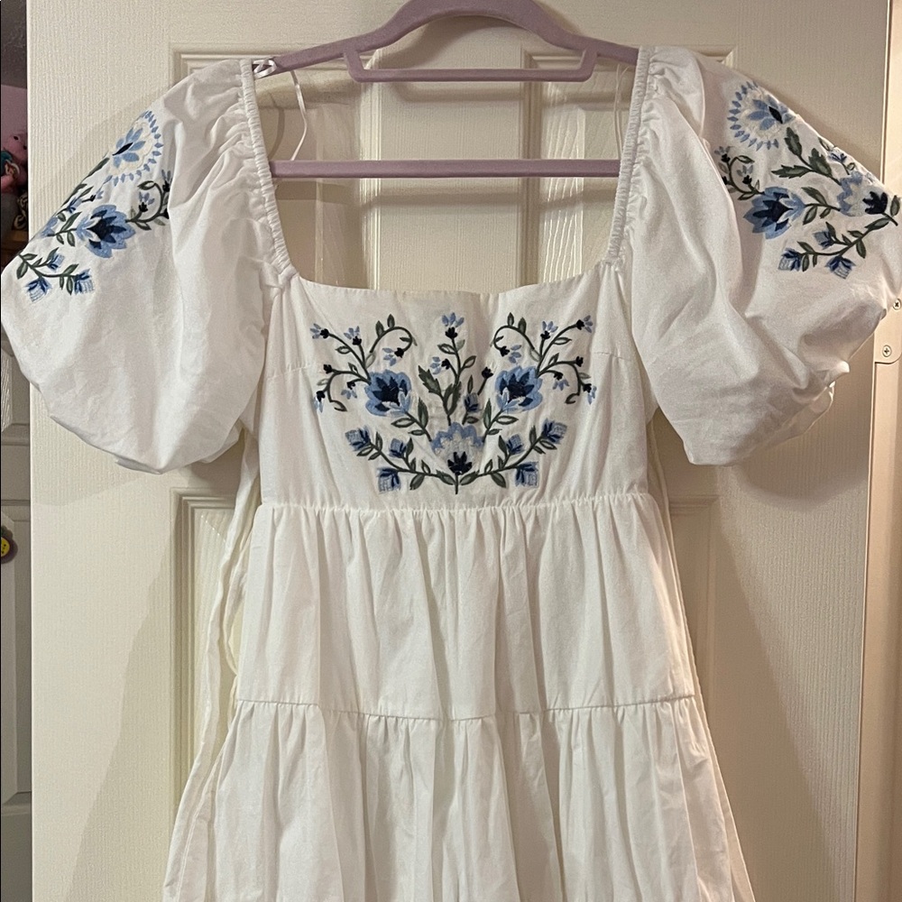 Francesca's Collections White Dress with Blue Floral Details